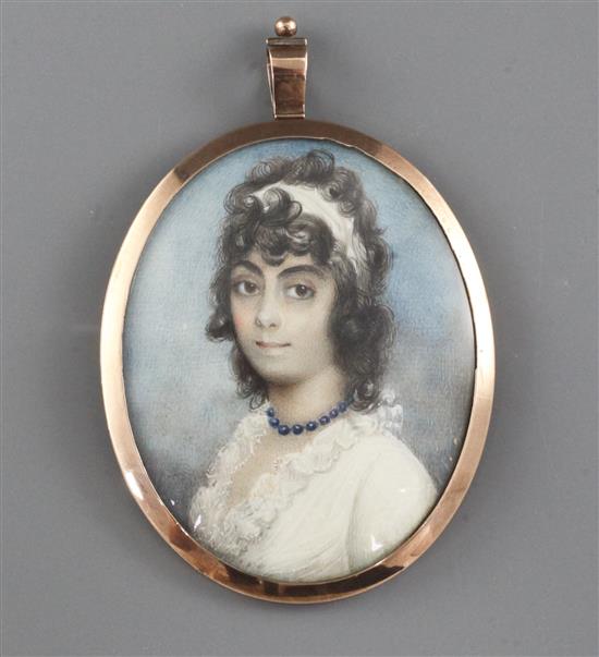 18th century English School Miniature portrait of a lady wearing a blue bead necklace 2.5 x 2in.